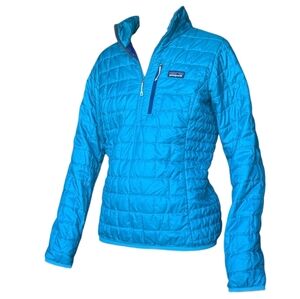 Patagonia womans nano puff pullover, blue roll up lightweight puffer jacket